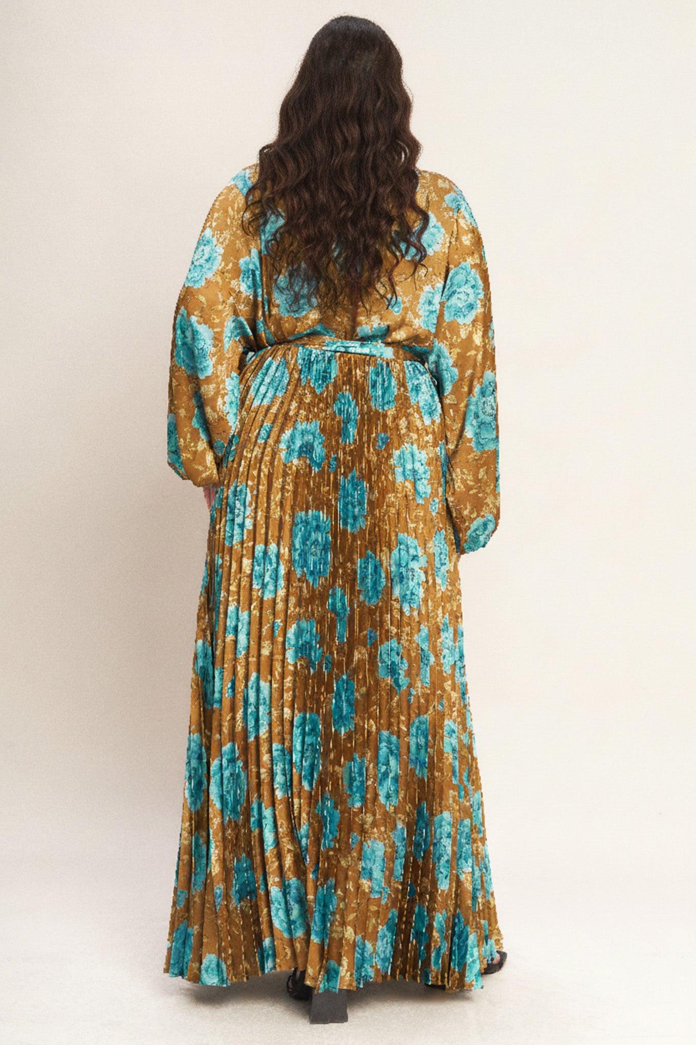GOLDEN BLOOM LUXE WOVEN SATIN MAXI DRESS